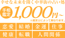 幸せな未来を開く中華街の占い処 手相鑑定 1,000円～